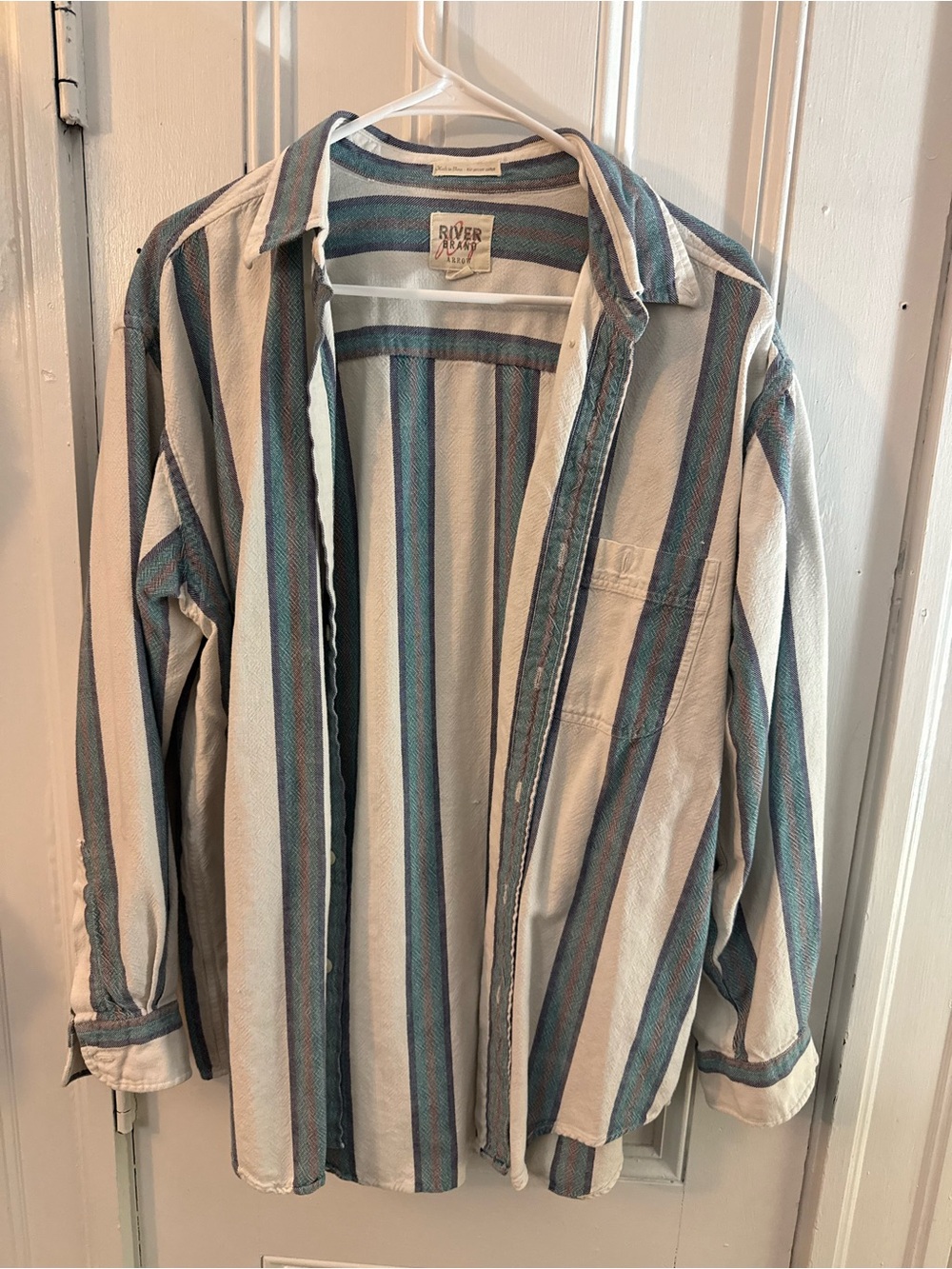 Vintage 90’s River Brand Men's Striped Button-Up Shirt. Missing 2 buttons